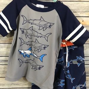 Hanna Andersson rash guard and swim trunks set.